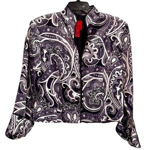 JS Collections Black/White Paisley Silk Jacket Mandarin Collar Button Front
